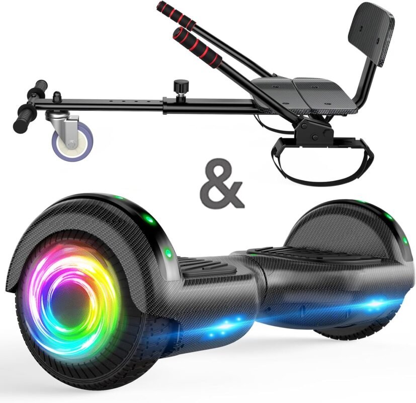 Hoverboard with Seat Attachment Combo, 6.5 Inch Self Balancing Hover Board with Bluetooth Speaker and LED Lights for Children Girls Boys (including Go Kart)