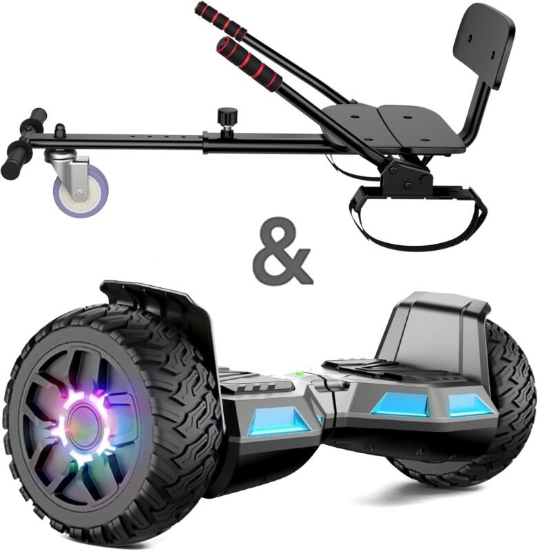 Hoverboard with Seat Attachment, 8.5 Inch Self Balancing Scooters Go Kart with Bluetooth and LED Lights, Gun + Black