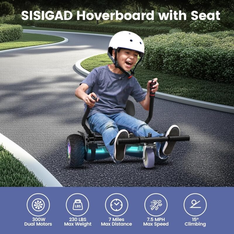 Hoverboard with Seat Attachment, 8.5 Inch Self Balancing Scooters Go Kart with Bluetooth and LED Lights, Gun + Black